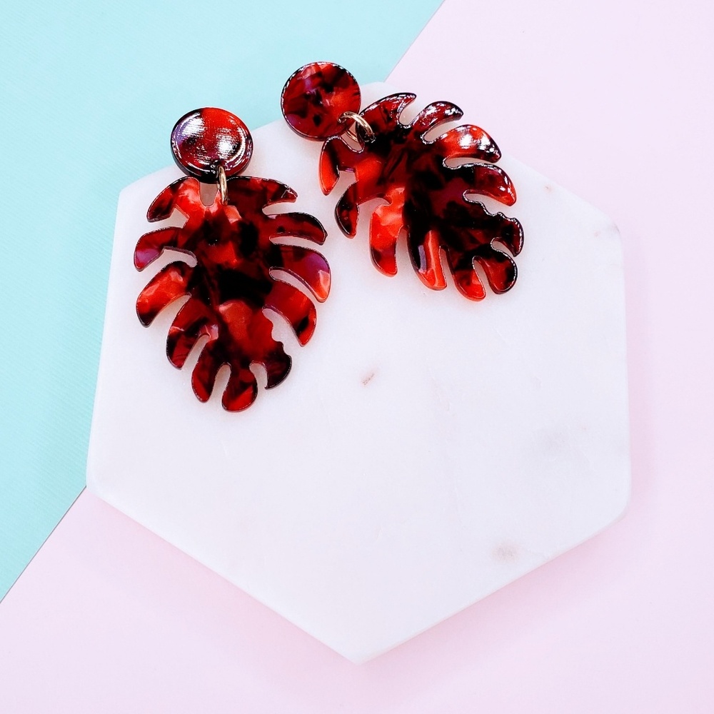 5 for $25 Red Palm Leaf Acrylic Resin Earrings - Picture 3 of 6